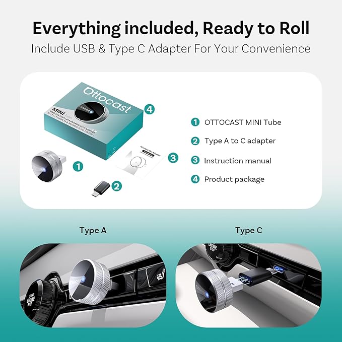 OTTOCAST Mini Tube 2026 Wireless CarPlay & Android Auto Adapter, Plug & Play Auto Connect, 5GHz WiFi Stable Performance, Compatible with iPhone & Android, Premium Aluminum Build