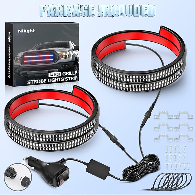 Nilight 2PCS 24 inch Truck Grille Strobe Lights Strip 384 LED Emergency Light Red Blue Flexible Side Flashing Warning Caution Safety Waterproof Lighting Kit for Trucks Tow Plow Construction Vehicles