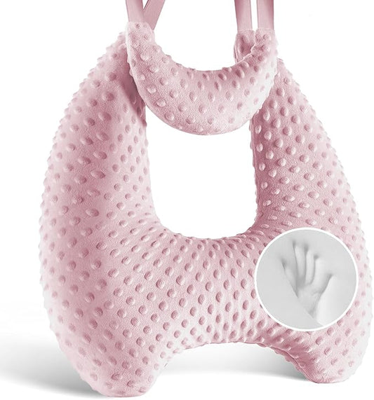 Memory Foam Kids Travel Pillow, Car Pillow for Kids, H-Shape Car Pillows for Sleeping, Removable Pillowcase, Adjustable, Velvet Dots, Pink