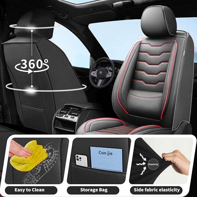 Fit Kona Car Seat Covers for Select Hyundai Kona 2018-2025 2026. Premium Leather, Waterproof， Breathable, Scratch-Resistant & All-Weather Seat Cushion Protector (Front Pair,Red Line Black)