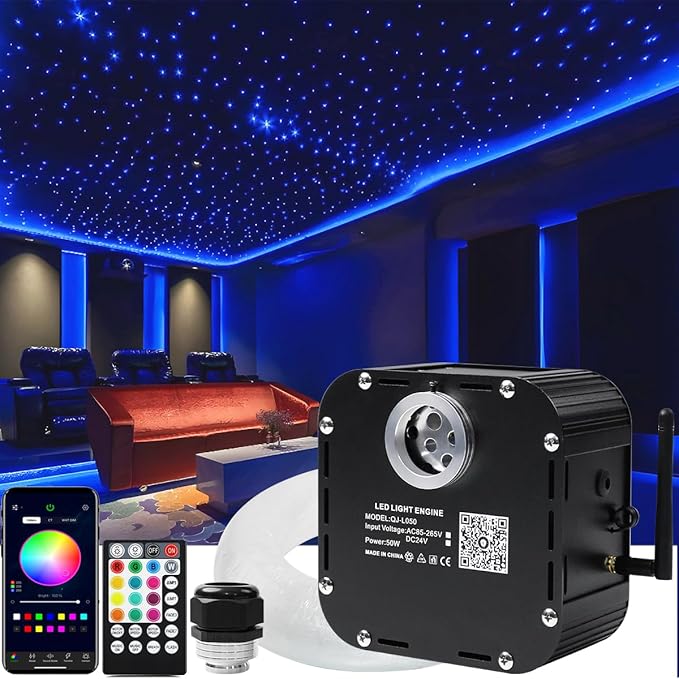 AZIMOM High Brightness 50W Twinkle 1000pcs*0.03in*13.1ft Fiber Optic Starlight Kits End Glow Fiber Strands Sound Activated Bluetooth/APP Remote Control Theater Ceiling Home Shop Lobby Roof Decor