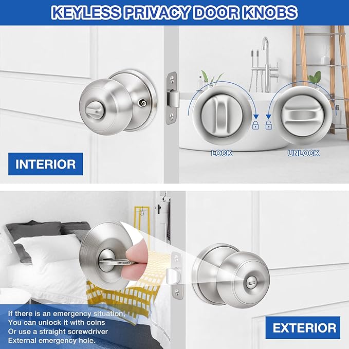 Plustool 8 Pack Brushed Nickel Door Knobs,Privacy Door Knob with Lock, Interior Doorknobs Silver, Keyless Door Locks Set for Bedrooms Bathrooms, Reversible for Left/Right Door Handle
