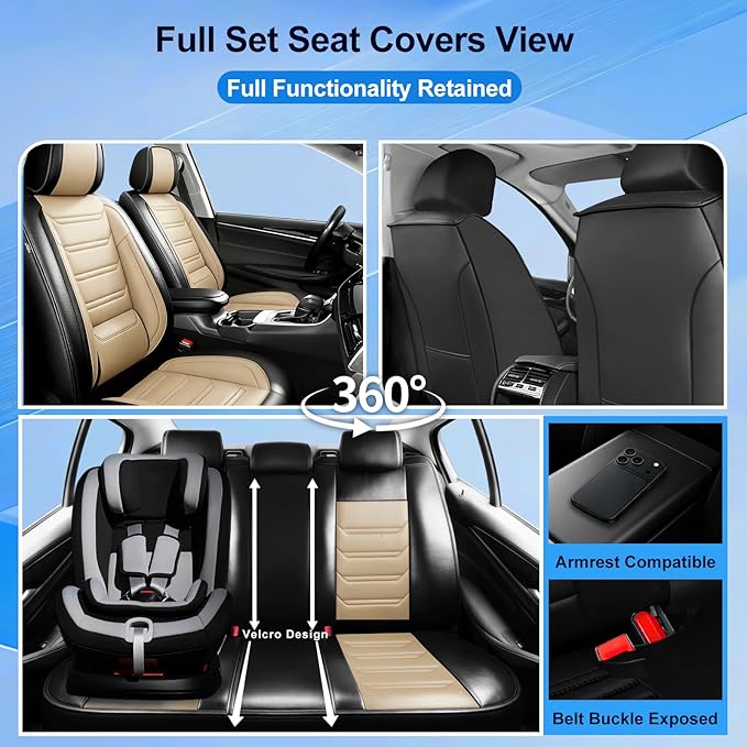Fit Tahoe Car Seat Covers for Select Chevrolet/Chevy Tahoe 2000-2025 2026 - Full Coverage Leather, Waterproof & All Weather Seat Cushion Protector, Front Pair Black+Beige