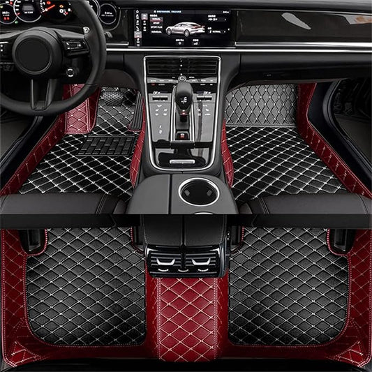 Custom Car Floor Mats Fit for 99% Sedan SUV Sports Car Full Coverage Pads Leather Floor Liners Mat Women Men (Black&Wine red)
