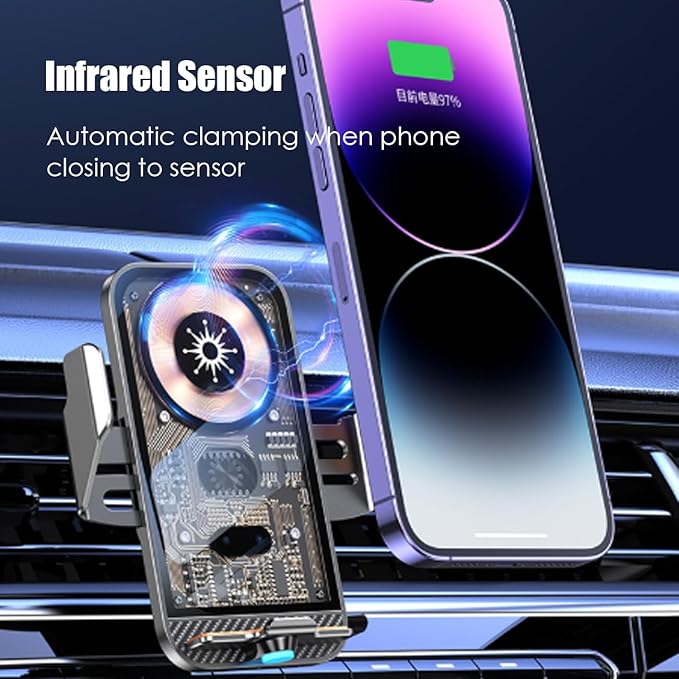 Transparent Wireless Car Charger, Smart 15W Fast Magnetic Charging, Auto-Clamping Wireless Charging Mount, Stable Car Cell Phone Holder Suitable for Magnetically Chargeable Smartphones (Black)
