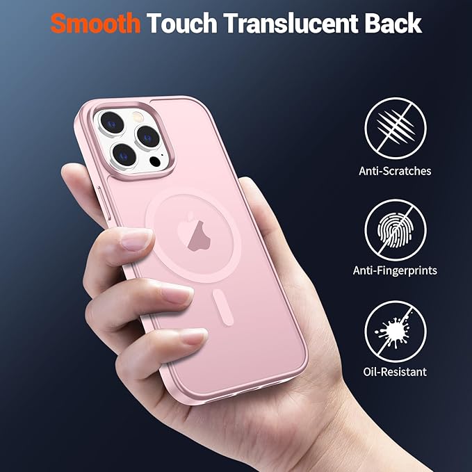 SUPFINE Magnetic for iPhone 15 Pro Max Case with Screen Protector (Compatible with MagSafe) (Military Grade Drop Protection) Translucent Matte Shockproof Phone Cover,Light Pink