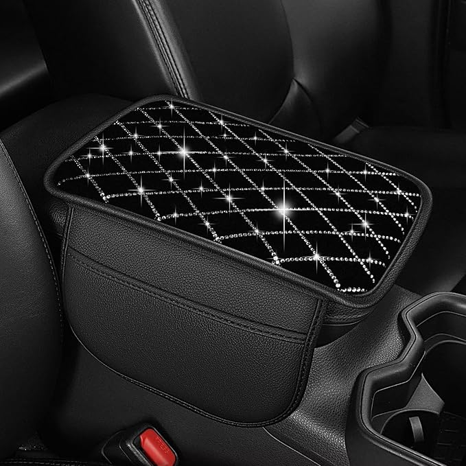 Bling Center Console Cover with 2 Side Pockets Fit for Land Cruiser Multi-Functional Car Armrest Cushion Diamond-Studded Rhombus Pattern Style(Black&Silver Diamond)