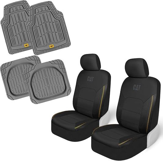CAT PU Leather Seat Covers for Cars – (2) Front Seat Covers with (4) All-Weather Heavy-Duty Floor Mats for Trucks, Cars, & SUVs Combo Set – Car Interior Protection Liners for Car Seats and Floors