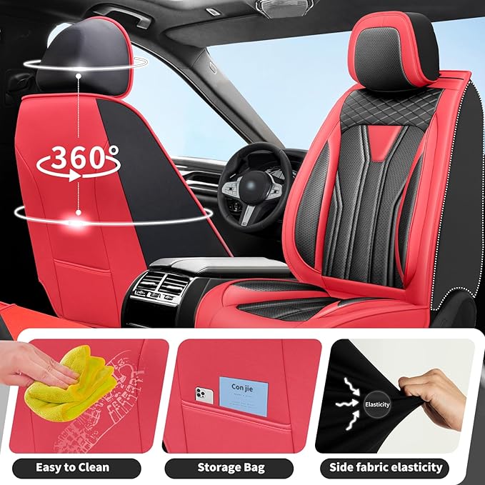 Fit Sonata Car Seat Covers Premium Leather for Hyundai Sonata 2007-2025 2026. Waterproof， Breathable, Scratch-Resistant & All-Weather Seat Cushion Protector（Full Set,Red&Black