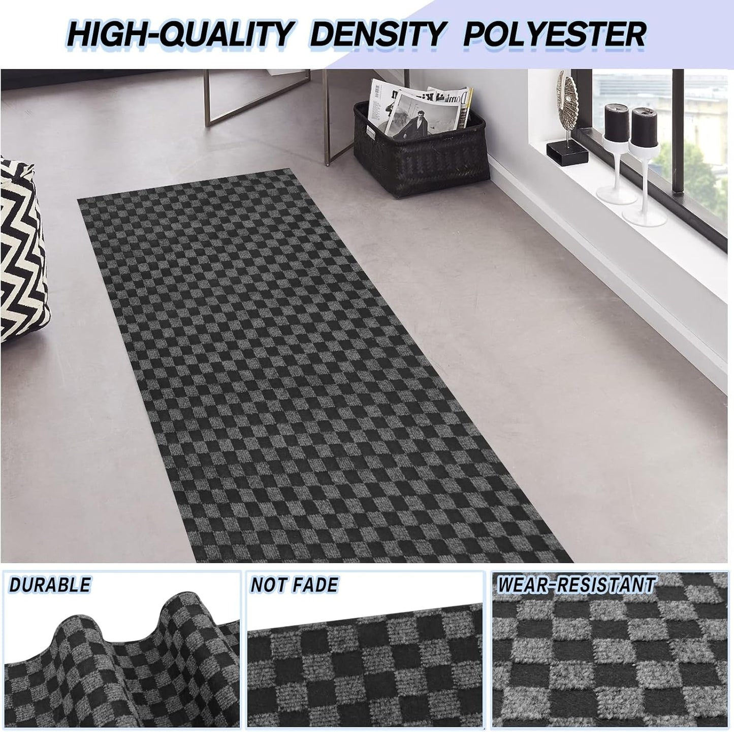 Custom Size Backed Non-Slip Area Rugs Runner, Easy Clean, Waterproof Runner Rugs for Hallway Entryway, Kitchen, Laundry, 4FT x 55FT, Gray Checkered
