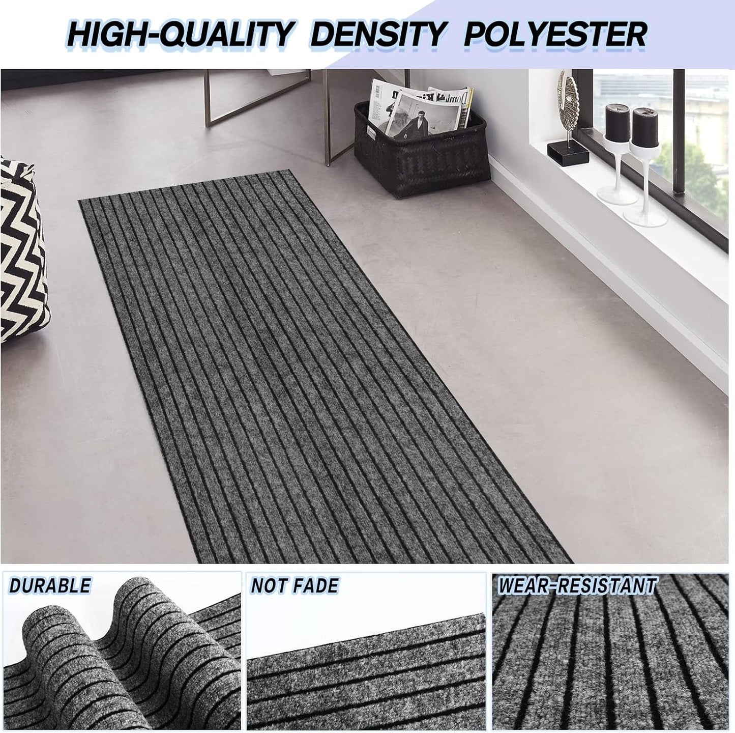 Custom Size Backed Non-Slip Area Rugs Runner, Easy Clean, Waterproof Runner Rugs for Hallway Entryway, Kitchen, Laundry, 2FT x 65FT, Gray Stripe