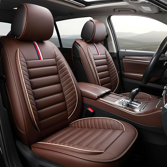 OASIS AUTO Car Seat Covers Full Set Premium Waterproof Faux Leather Cushion Universal Accessories Fit SUV Truck Sedan Automotive Vehicle Auto Interior Protector (OS-001 Brown)