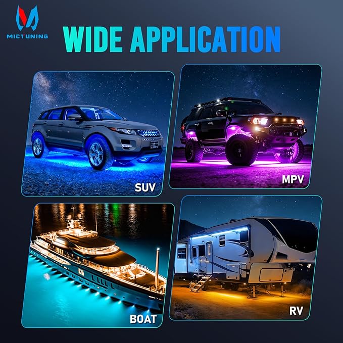 MICTUNING 2nd-Gen CM RGB Rock Lights - 4 Pods Waterproof Multicolor Neon Underglow Kit with Bluetooth App Control & Music Mode for Trucks Pickup UTV SUV ATV （2 Year Warranty）