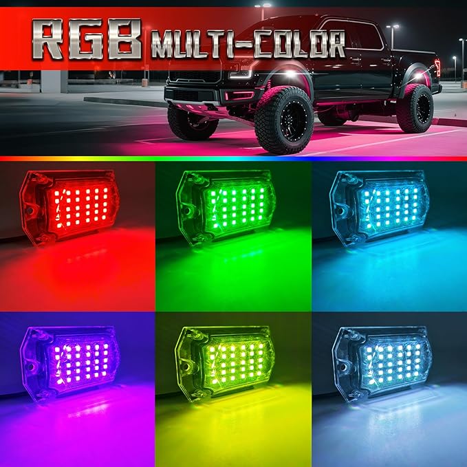 4 Pods Full Angle RGB LED Rock Lights for Jeep Truck ATV UTV RZR Offroad Golf Cart SXS, Waterproof Multicolor Neon Underglow Kit with APP/RF Remote, 12Volt Underbody Lights