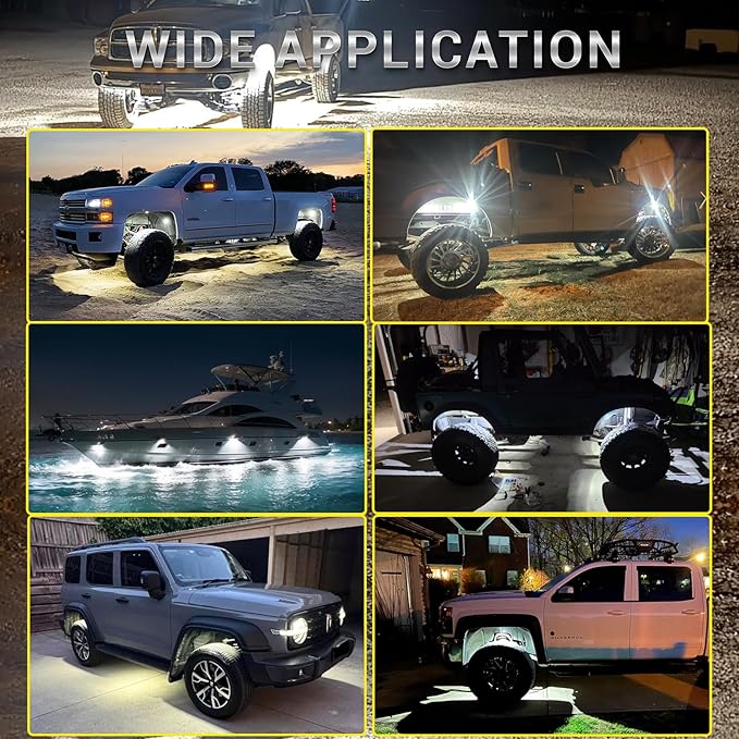 6 Pods White LED Rock Lights with Switch Extension Harness, 6000K 24 LEDs Pure White Neon Underglow Light for ATV SUV UTV RZR SXS Car Trailer Truck, IP67 Waterproof Under Trail Rig Fender Lighting