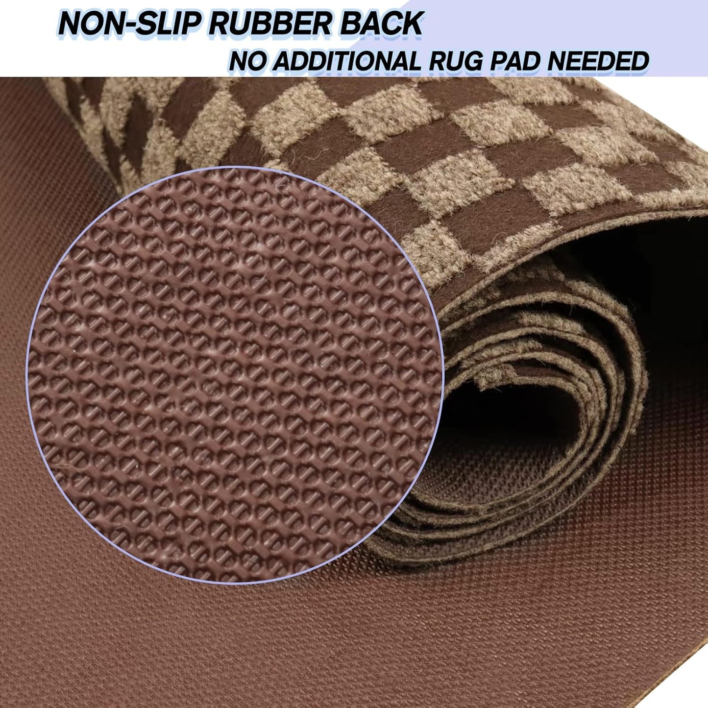 Custom Size Backed Non-Slip Area Rugs Runner, Easy Clean, Waterproof Runner Rugs for Hallway Entryway, Kitchen, Laundry, 4FT x 30FT, Brown Checkered