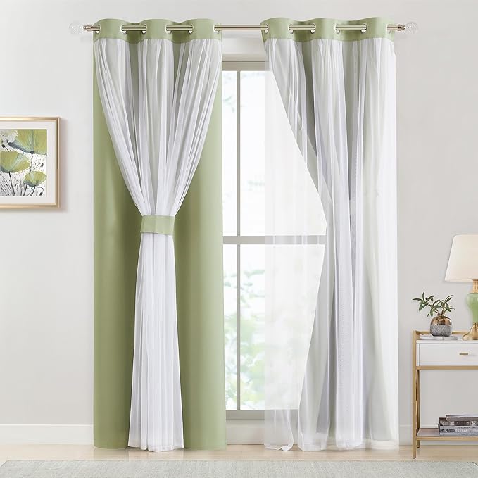 Bujasso Sage Green Blackout Curtains with Sheer Overlay Mix and Match Double Layer Thermal Insulated Window Panels 63 inch for Living Room Bedroom Green Drapes with Tiebacks Grommet Top 54" Wx63 Lx2