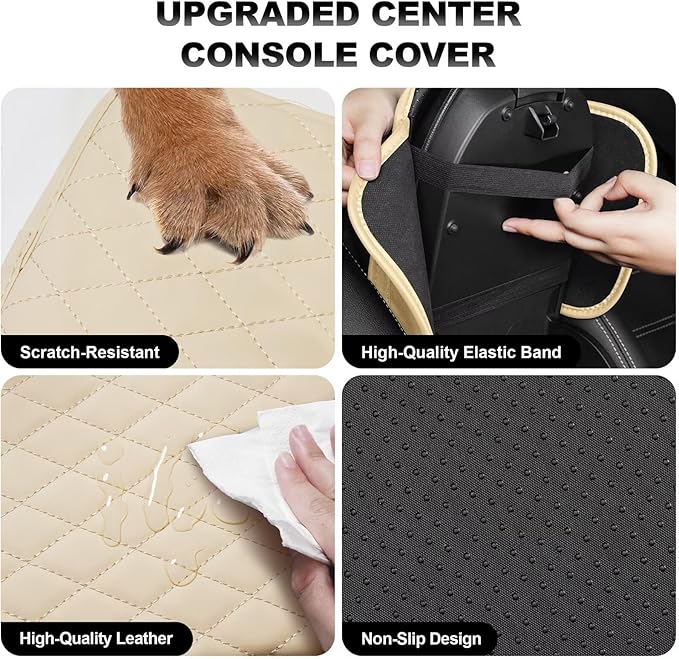 Upgraded Car Center Console Cover Fit for Corolla Faux Leather Car Armrest Cover Cushion with 2 Storage Bags,Car Armrest Storage Box Interior Accessories(Beige&Whiteline)