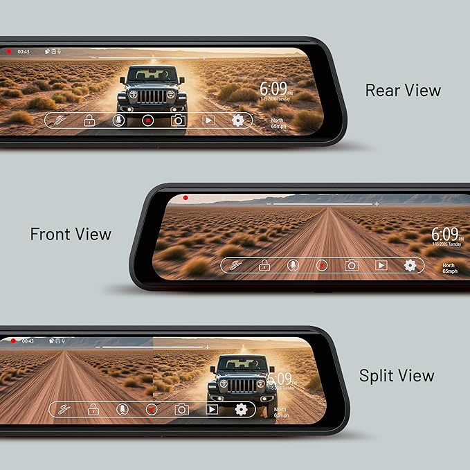 Stinger Jeep Wrangler JL (2018+) 9.66” 4K UHD Touchscreen Digital Rear View Mirror Monitor & 4K Front Dashcam, 2K Backup Camera, Anti-Glare Night Vision, Built-In DVR w/ 64GB SD Card, Impact Detection
