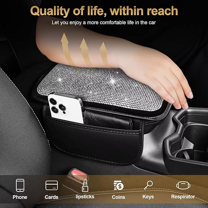 Bling Center Console Cover Fit for Toyota bZ4X with 2 Storage Bags Fully Diamond-Studded Style Center Console Armrest Cover with Total Protection(Silver Diamond)