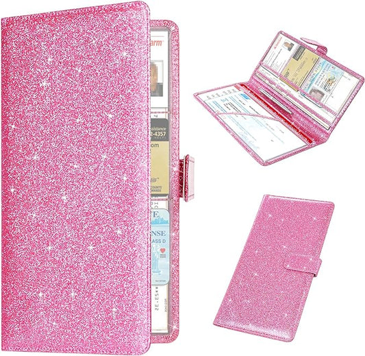 RSAquar Car Registration & Insurance Holder - Leather Glove Box Organizer, Cool Accessories for ID, Driver's License Cards & Docs, Men & Women, Pink Glitter