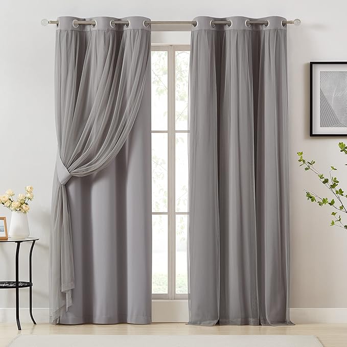 Bujasso Grey 90% Blackout Curtains with Sheer Overlay Mix and Match Double Layer Window Curtains Thermal Insulated 95 inch for Living Room Bedroom Gray Drapes with Tiebacks Grommet Top 37" Wx95 Lx2