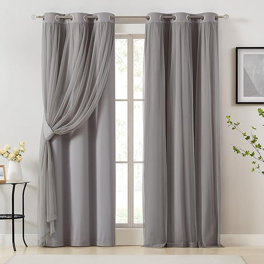 Bujasso Grey 90% Blackout Curtains with Sheer Overlay Mix and Match Double Layer Window Curtains Thermal Insulated 95 inch for Living Room Bedroom Gray Drapes with Tiebacks Grommet Top 37" Wx95 Lx2