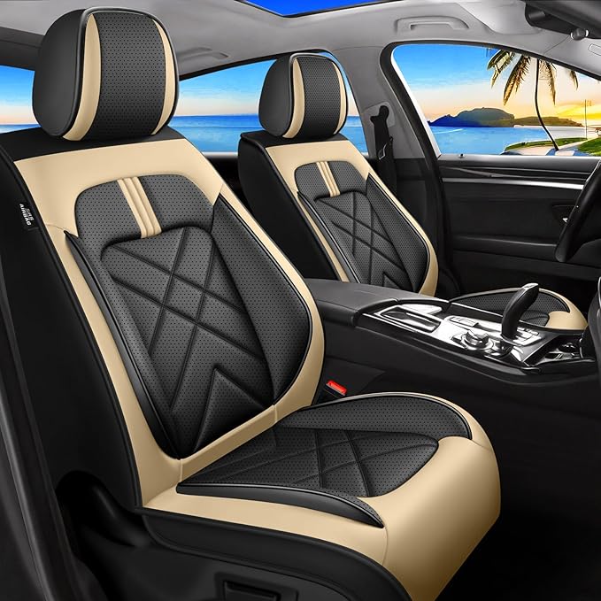 CX-7 Car Seat Covers Fit for Mazda CX-7 2007-2012, Full Coverage Premium Leather Waterproof Breathable Seat Covers, Automotive Seat Protectors, Airbag Compatible(2 Front Seats, Black Beige)