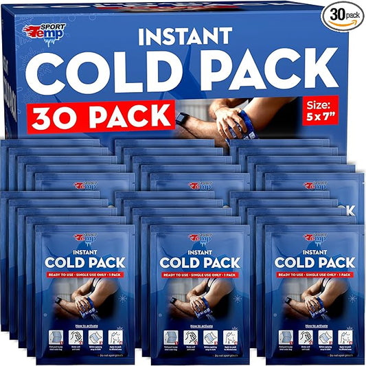 Sport Temp Instant Ice Cold Packs (7”x 5”) Disposable Ice Packs for Pain Relief, Swelling, Injuries, Toothaches, and Sprains – Cold Therapy for Athletes, First Aid, Travel & Outdoor Use (30 Pack)
