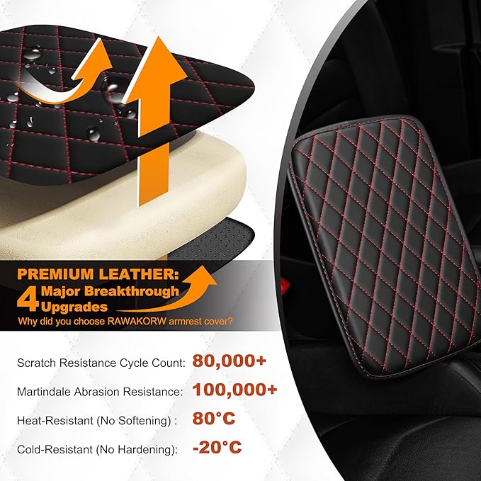 Center Console Cover for Cars Fit for Jeep Compass Leather Armrest Covers with 2 Storage Bags(Black&Red)