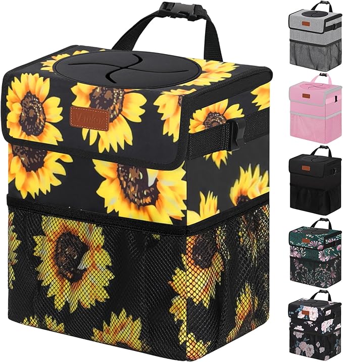 Vankor 3 Gallons Car Trash Can with Lid, Car Bag Bin Hanging Waterproof Automotive Garbage Cans Leak Proof Vehicle Trash Can Sunflower