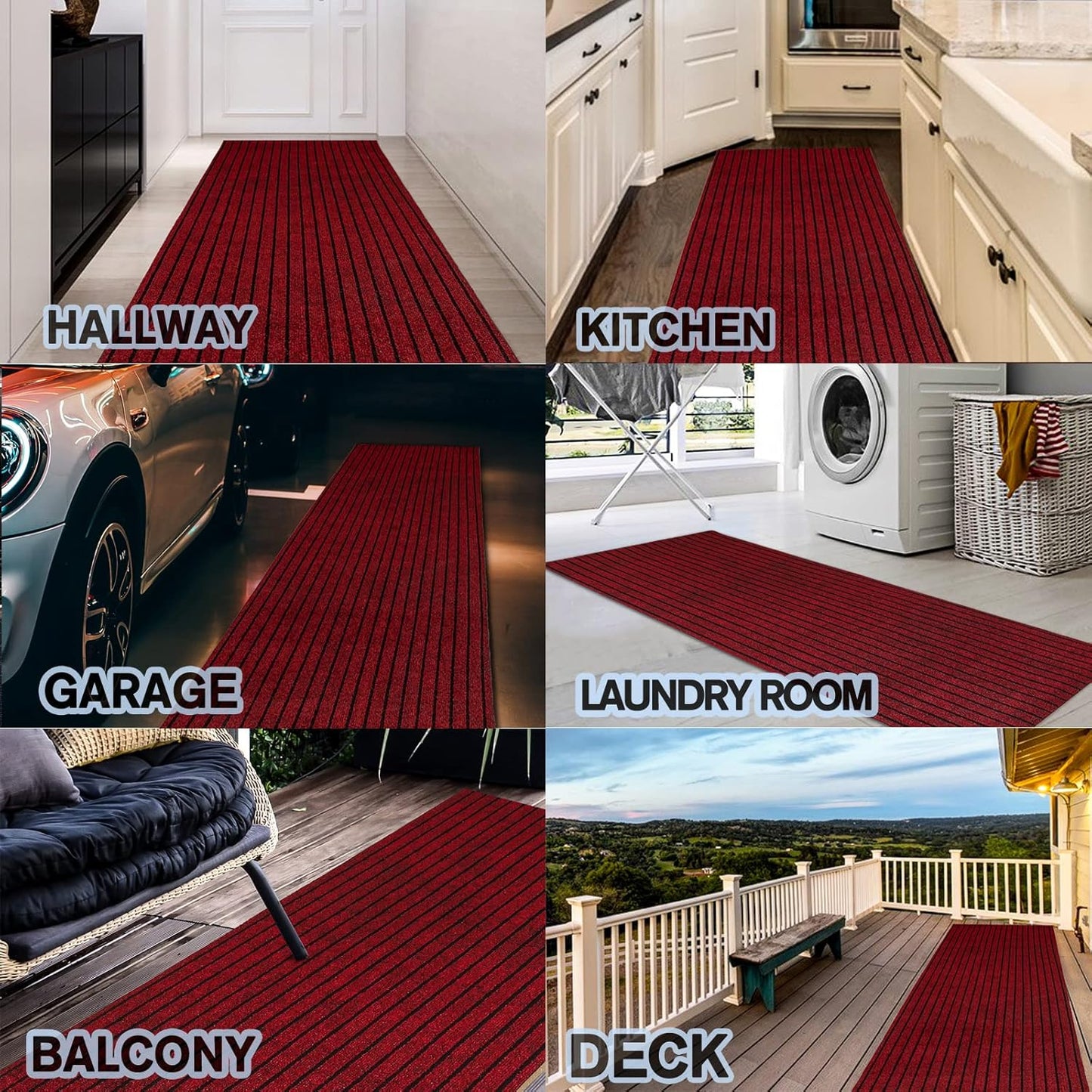 Custom Size Backed Non-Slip Area Rugs Runner, Easy Clean, Waterproof Runner Rugs for Hallway Entryway, Kitchen, Laundry, 3FT x 16FT, Red Stripe
