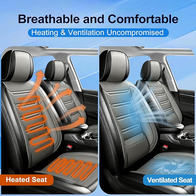 Fit Malibu Car Seat Covers for Chevrolet/Chevy Malibu 2009-2025, Full Coverage Leather, Airbag Compatible, Waterproof All Weather Breathable Seat Cushion Protector, Front Pair Black+Gray