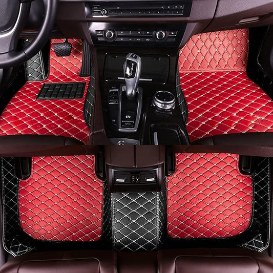 Custom Car Floor Mat Compatible with 97% Car Models Luxury Leather All Weather Waterproof Anti-Skid Full Coverage Car Mats (Black and red)