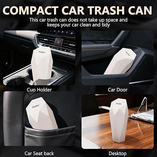 Car Trash Can with Lid - 2-Pack, Interior Accessories for Vehicles, Leakproof Garbage Can with 30 Detachable Trash Bags, Multipurpose Organizers and Storage Solutions for Home and Office (Beige)