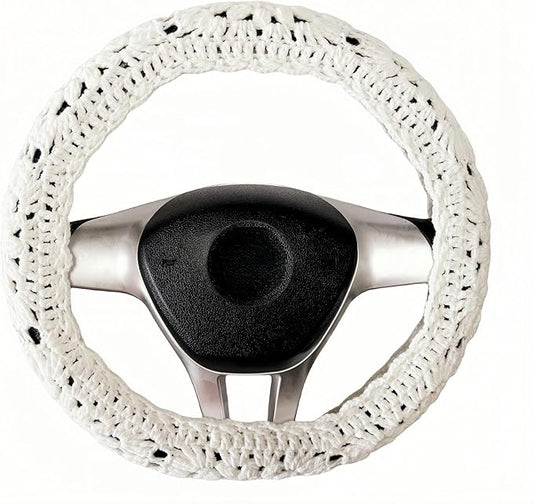 Crochet Steering Wheel Cover, Sunflower Steering Wheel Cover, 14-15 inch, Universal fit, Boho Car Accessories, for Men, Women and Girly, White (A Wheel Cover)