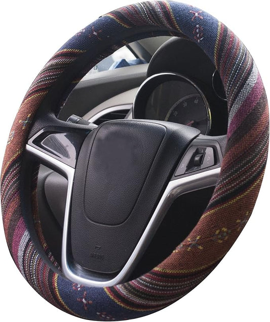 Medium Ethnic Style Coarse Flax Cloth Automotive Steering Wheel Cover Anti Slip and Sweat Absorption Auto Car Wrap Cover (14.5''-15'',F)