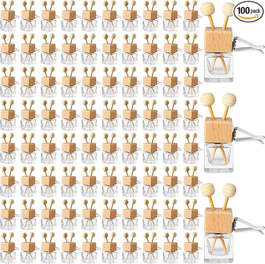 Zubebe 100 Pcs Car Diffuser Bottles Empty Bulk Vent Clip Car Air Freshener Diffuser for Essential Oil Perfume Glass Bottle with Wooden Caps Stick Fragrance Ornament (Colorless)