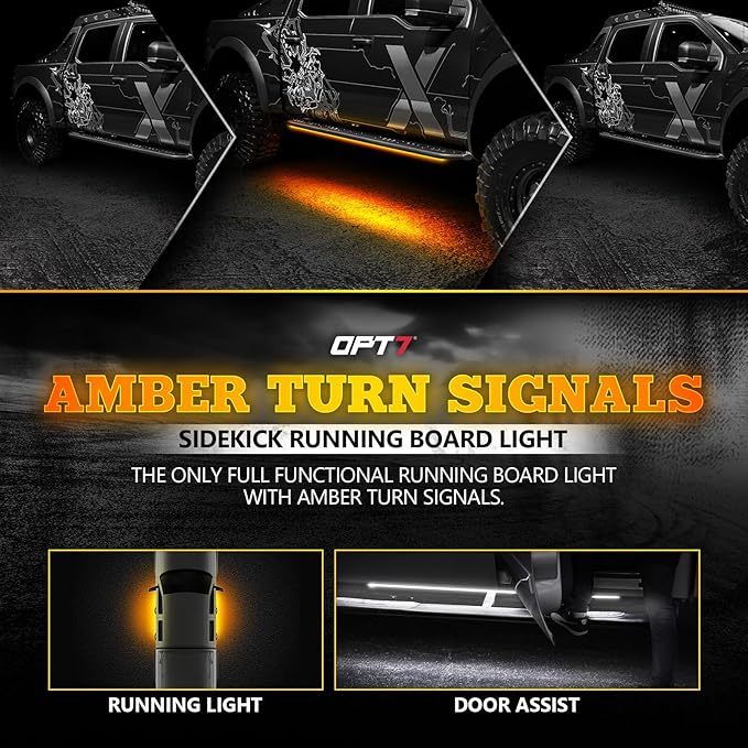 OPT7 Sidekick 78" Running Board Lights 2PCS LED Strips w/Amber Turn Signal Side Marker, DRL, White Courtesy Light for Extended Crew Cab Trucks Pickup Trailer - Truck Decorations