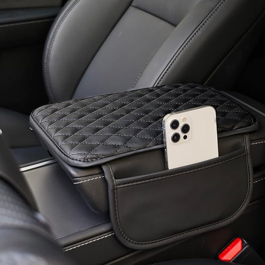 Upgraded Car Center Console Cover, Microfiber Leather Car Armrest Cover Cushion with 2 Storage Bags, Universal Car Armrest Storage Box Cover, Car Interior Accessories for Most Vehicles, Black