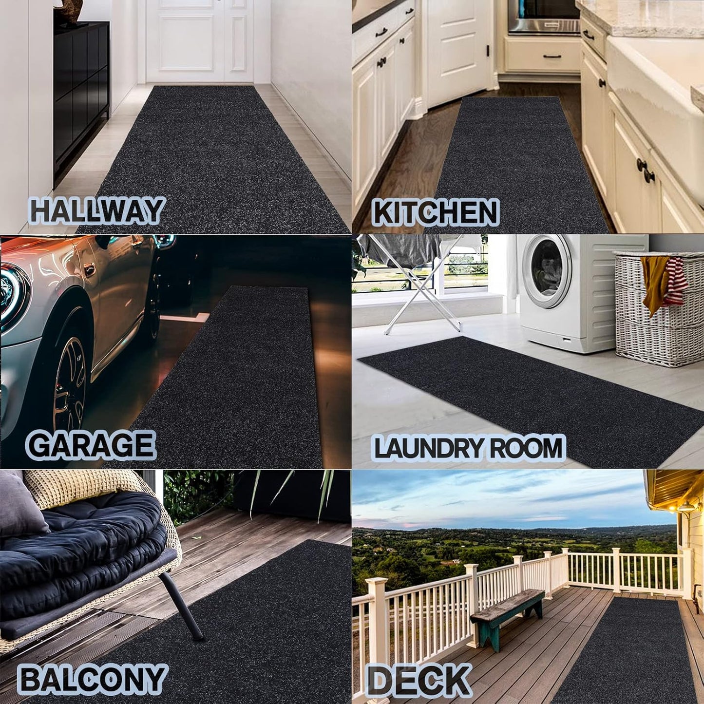 Custom Size Backed Non-Slip Area Rugs Runner, Easy Clean, Waterproof Runner Rugs for Hallway Entryway, Kitchen, Laundry, 3FT x 60FT, Black