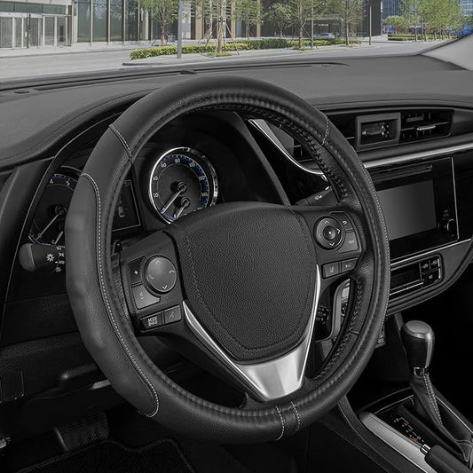 Motor Trend GripDrive Faux Black Leather Steering Wheel Cover for Car Truck Van SUV, Small 14 inch Size, Gray Accent Stitched Car Steering Wheel Cover Vehicle & Auto Accessories