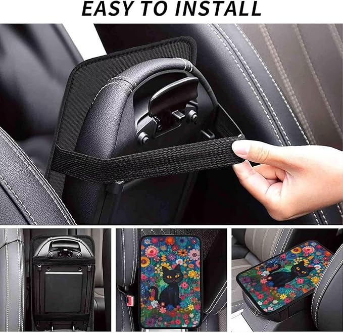 Cute Cat Floral Car Center Console Cover Cats Hippie Armrest Cover Cushion Boho Flower Car Armrest Pad Universal Car Interior Accessories Protector