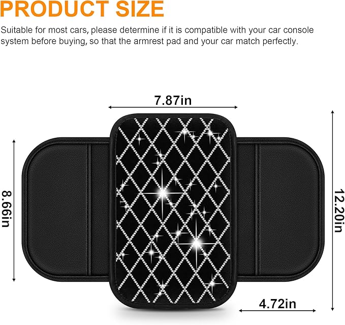 Bling Armrest Cover for Car Compatible with Jeep Cherokee Compass Gladiator Liberty Patriot Renegade Wrangler - Center Console Cover with 2 Storage Pockets and Crystal Diamond(Black)