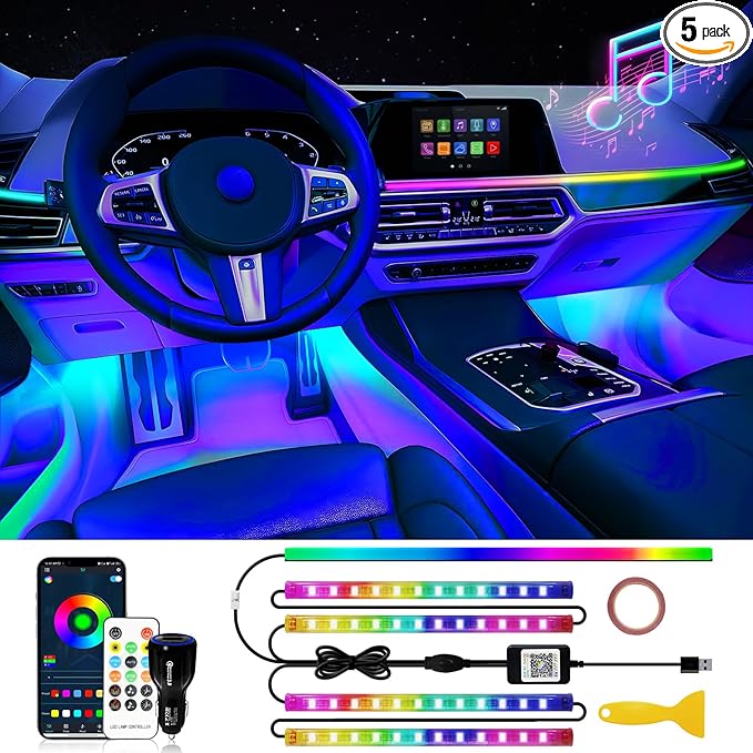 DUOFU365 Car Led Light Interior, RGB Dreamcolor Inside Light Music Sync, Under Dash Footwell Automotive Strip Light, 12V Acrylic Strip Light for Vehicle, Truck,Jeep, SUV with Car Charger(1set)