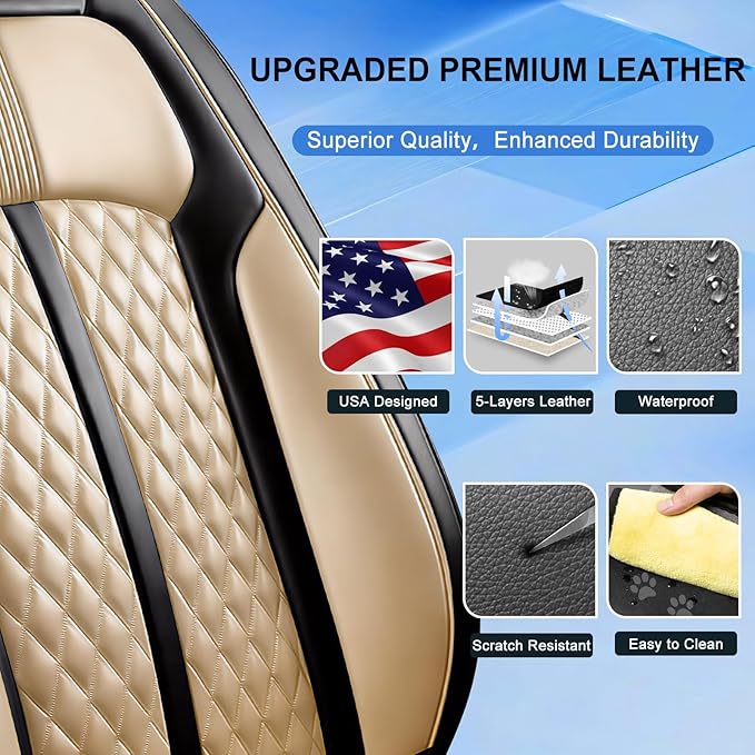 Fit CX-5 Car Seat Covers for Select Mazda CX5 2013-2024 2025 2026 - Premium Full Coverage Leather, Airbag Compatible, Waterproof & All Weather Seat Protector, Front Pair Black+Beige