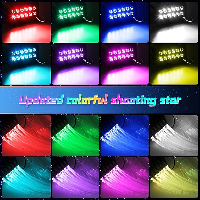 Car Starlight Headliner Kit, 4 Colors 32W Twinkle & Meteor Fiber Optic Shooting Stars Lights, 2 in 1 Light Engine 1000pcs*0.03in*13.1ft+240 RGBW 4 Port Ceiling Starlights for Car Home Roof Décor
