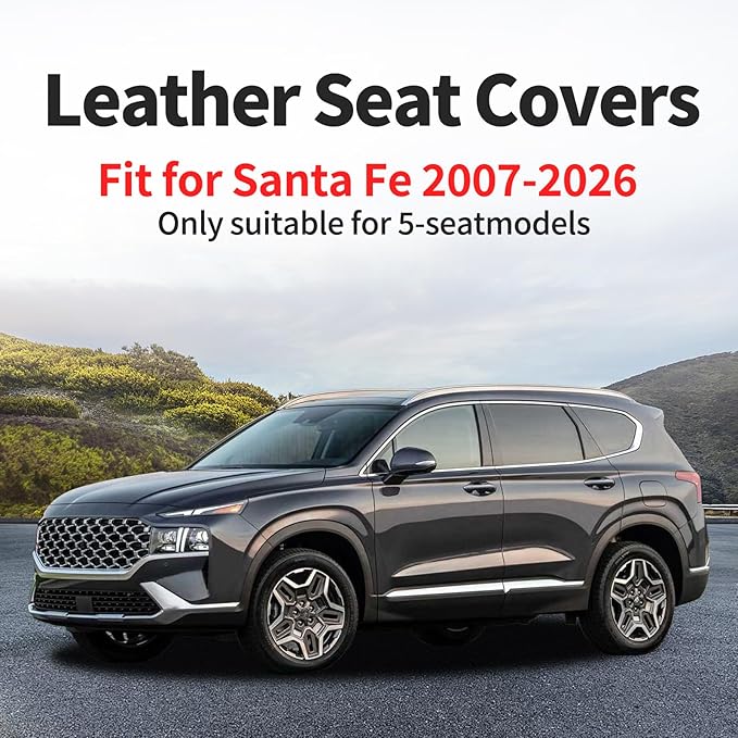 Santa Fe Seat Covers Custom Fit for Hyundai Santa Fe 2007-2026 (Only 5-Seat Version) - Full Set Premium Leather, Waterproof, All-Weather, Airbag Compatible, Car Seat Protectors (Gray)