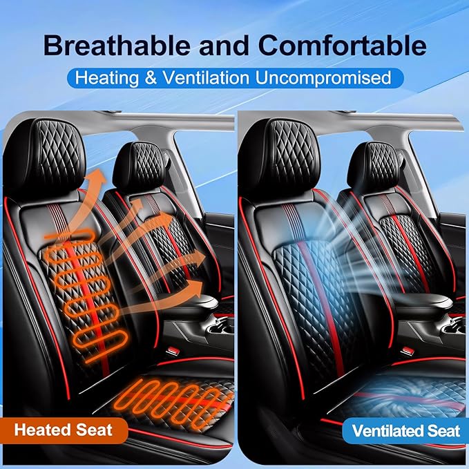 Fit Equinox Car Seat Covers for Select Chevrolet/Chevy Equinox 2007-2026, Premium Full Coverage Leather, Airbag Compatible, Waterproof All Weather Seat Cushion Protector, Full Set,Red Trim