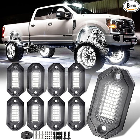8Pods Metal Bright Pure White LED Rock Lights Kit,Per pod provided 15FT Power Cord,6500K 36LEDs Neon Underglow Light Aluminum Waterproof Fender Lights for Trucks Trailer Jeep Off Road ATV UTV